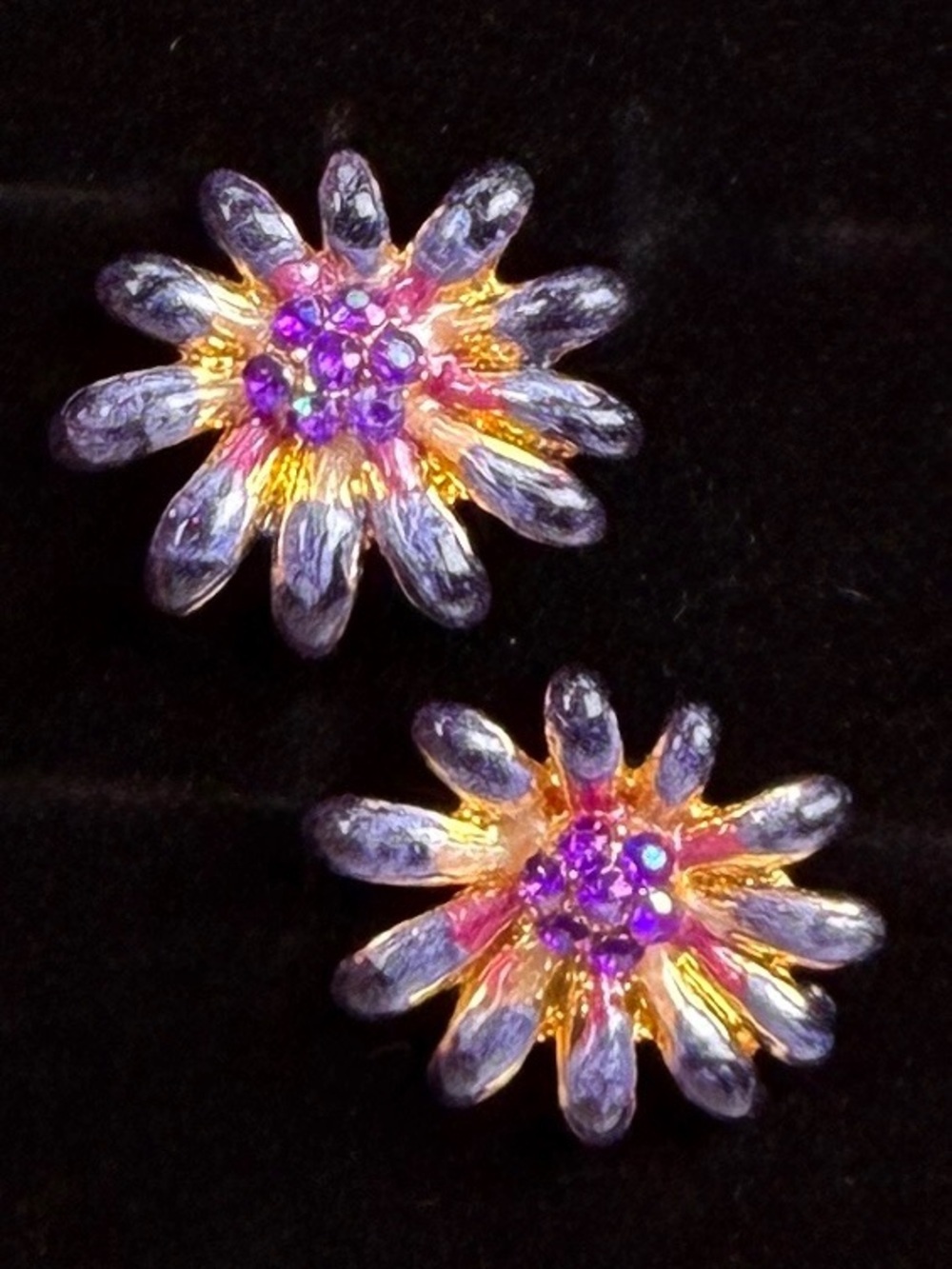 Floral Burst Purple and Goldtone Pierced Earrings